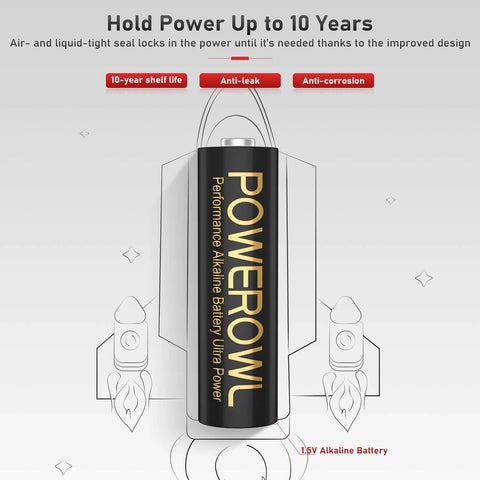 Illustration of Powerowl 1.5V alkaline battery with rocket, highlighting 10-year shelf life, anti-leak, and anti-corrosion features.