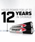 Two Energizer MAX AAA batteries on display with text "Holds Power for Up to 12 Years in Storage."