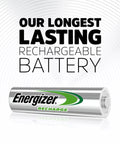 Energizer rechargeable battery with 'Our Longest Lasting' text on a sleek silver design