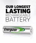 Energizer Rechargeable AA battery with silver casing and brand logo, showcasing longest lasting feature