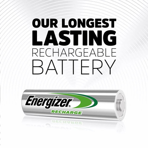 Energizer Rechargeable AA battery with silver casing and brand logo, showcasing longest lasting feature