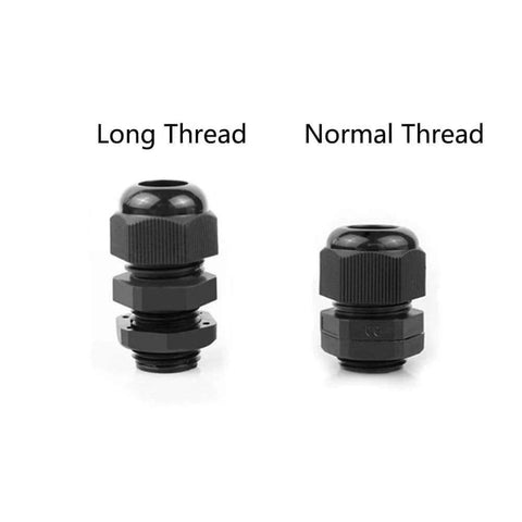 Long Thread Waterproof Cable Glands Set 10 Pack Plastic Adjustable 3 to 13 Millimeters Cable Connectors With Gaskets for PG7 PG9 PG11 PG13.5 PG16 Durable Seals and Easy Install for DIY and Outdoor Electrical Projects showing long and normal thread versions.