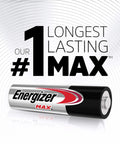 Single Energizer Max alkaline battery with #1 longest lasting text behind it on a textured background