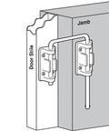 Illustration of a Loop Lock For Patio Sliding Doors With Two And One Eighth Inch Reach Secondary Security Lock Chrome Plated Hardened Steel Bar Diecast Base installed between door and jamb