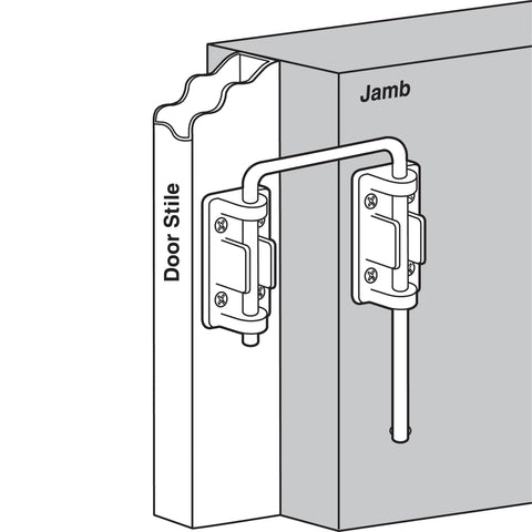 Illustration of a Loop Lock For Patio Sliding Doors With Two And One Eighth Inch Reach Secondary Security Lock Chrome Plated Hardened Steel Bar Diecast Base installed between door and jamb