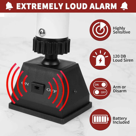 Close-up of Heavy Duty Door Stopper With Alarm And Sliding Patio Bar 120 DB Loud Alarm, showing on/off switch and siren