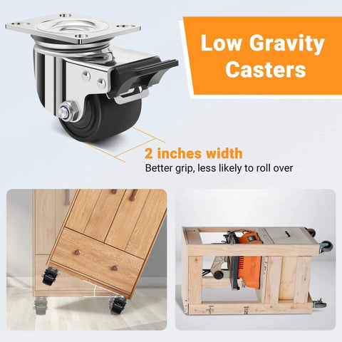 2.5 inch heavy duty stainless steel low profile caster wheels made from SUS 304, with brakes and 2 inches width for stability.