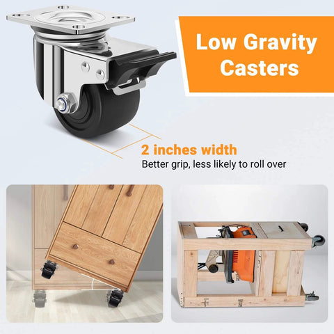 3 inch heavy duty stainless steel low profile caster wheels made from SUS 304, industrial casters with brakes and nylon wheels in a 4 pack, close-up view.