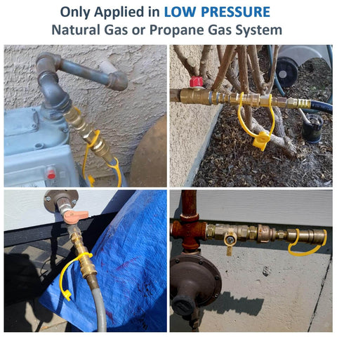 Six Piece 3/8 Inch LP Propane And Natural Gas Quick Connect Fittings Kit For Low Pressure Gas Systems installed on various setups