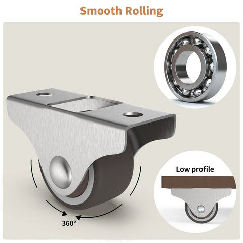Low Profile 1 Inch Fixed Plate Casters Set Of 4 With Silent TPR Wheels and Steel Top Plate displaying smooth 360-degree rolling