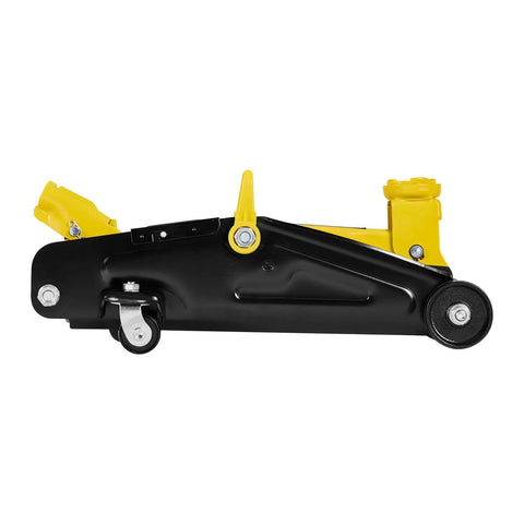 Side view of Low Profile Floor Jack 2 Ton With Stands By VEVOR Beefy Workhorse Hydraulic Trolley Car Lift, black and yellow design