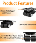 Heavy Duty Plate Caster Set 1 Inch Four Low Profile Nylon Double Wheel Casters With 1100 Lb Total Capacity Quiet Rolling