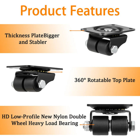 Heavy Duty Plate Caster Set 1 Inch Four Low Profile Nylon Double Wheel Casters With 1100 Lb Total Capacity Quiet Rolling