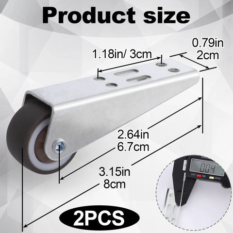 Diagram of Low Profile Rubber Caster Wheels Set Of 2 0.8 Inch Side Mount Non Slip Furniture Casters with product dimensions and metal frame.