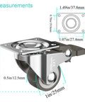 One Inch Low Profile Caster Wheels For Furniture Set Of 4 With Soft Rubber Swivel Casters And Locking Top Plate, 110 Lbs Load Capacity, Includes Two With Brake And Two Without, Smooth Rolling shown with measurements.