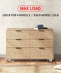 Wooden dresser on One Inch Low Profile Caster Wheels For Furniture Set Of 4 With Soft Rubber Swivel Casters And Locking Top Plate, 110 Lbs Load Capacity, Includes Two With Brake And Two Without, Smooth Rolling.