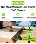 Low Profile CNC Clamp Kit for Secure Workholding on CNC Machine with two clamps and four interchangeable tips in use.