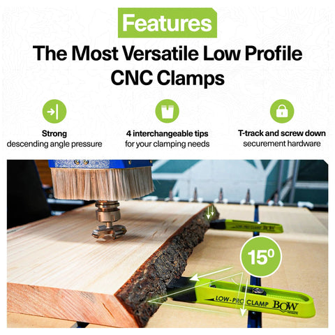 Low Profile CNC Clamp Kit for Secure Workholding on CNC Machine with two clamps and four interchangeable tips in use.