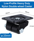 Side view of a 4 Pack 1 Inch Caster Wheels Heavy Duty Low Profile Plate Swivel Casters With Double Nylon Wheels 1100 Lb Load Capacity.