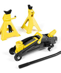 Low Profile Floor Jack 2 Ton With Stands By VEVOR Beefy Workhorse Hydraulic Trolley Car Lift, steel construction with two yellow stands.