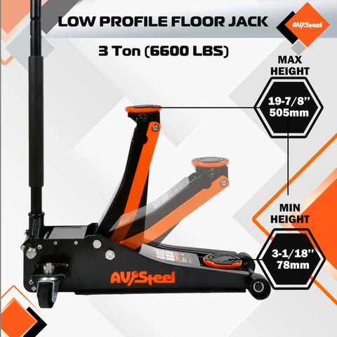 Low Profile 3 Ton Car Floor Jack With Dual Pistons And Quick Lift Pump Heavy Duty Hydraulic Floor Jack For Cars With 6600 Lbs Capacity And Lifting Range From Three And One Eighth Inches To Nineteen And Seven Eighths Inches.
