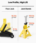 Low Profile Floor Jack 2 Ton With Stands By VEVOR Beefy Workhorse Hydraulic Trolley Car Lift For Low Clearance Sports Cars And SUVs 4400 Lb Capacity Quick Lift Single Piston Pump Lifting Range 5.1 To 12.2 Inches Steel Racing Design floor jack and stands with height labels.