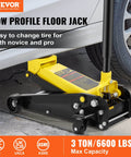 3 Ton Low Profile Floor Jack With Quick Lift Pump for All Terrain Vehicles and Cars shown lifting a car wheel