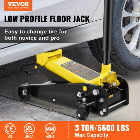 3 Ton Low Profile Floor Jack With Quick Lift Pump for All Terrain Vehicles and Cars shown lifting a car wheel