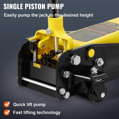 Close-up of 3 Ton Low Profile Floor Jack With Quick Lift Pump showing single piston pump mechanism and yellow details.