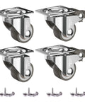 Set of 4 One Inch Low Profile Caster Wheels for Furniture with soft rubber swivel casters, locking top plate, and screws included.