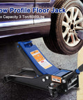 Low Profile 3 Ton Hydraulic Floor Jack With Dual Piston Quick Lift For Cars Trucks SUVs GarveeTech Lift Range From 3 Inches Up To Nineteen And A Half Inches Heavy Duty Steel Construction Blue in use lifting car