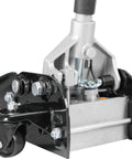 Close-up of Low Profile Hydraulic Floor Jack With Quick Lift Pump For Racing And Everyday Use Three Ton Capacity Durable Steel Construction Easy Lift Lifts From About 3.7 Inches To 18.7 Inches Black showing lifting mechanism and wheel.