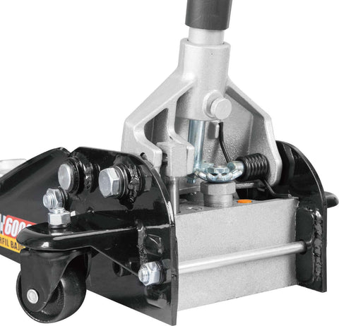 Close-up of Low Profile Hydraulic Floor Jack With Quick Lift Pump For Racing And Everyday Use Three Ton Capacity Durable Steel Construction Easy Lift Lifts From About 3.7 Inches To 18.7 Inches Black showing lifting mechanism and wheel.
