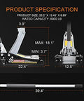 Product specifications of Low Profile Hydraulic Floor Jack With Quick Lift Pump For Racing And Everyday Use Three Ton Capacity Durable Steel Construction Easy Lift Lifts From About 3.7 Inches To 18.7 Inches Black with dimensions and max/min lift shown in diagram.