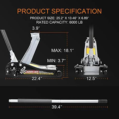 Product specifications of Low Profile Hydraulic Floor Jack With Quick Lift Pump For Racing And Everyday Use Three Ton Capacity Durable Steel Construction Easy Lift Lifts From About 3.7 Inches To 18.7 Inches Black with dimensions and max/min lift shown in diagram.