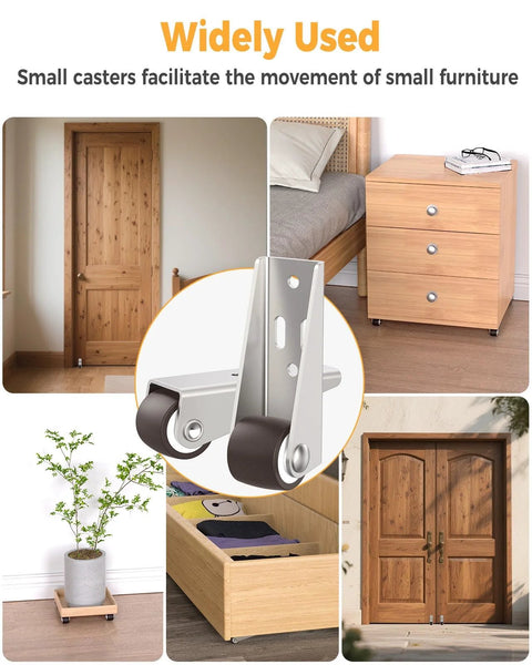 Image showcasing Low Profile Mini Caster Wheels Set Of 2 Silent TPE Wheels with furniture applications like doors and drawers.