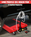 18 Gallon Low Profile Oil Drain Pan With Electric Pump Kit under vehicle, showing red heavy-duty oil change pan with hose and pump.