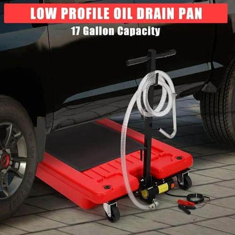 18 Gallon Low Profile Oil Drain Pan With Electric Pump Kit under vehicle, showing red heavy-duty oil change pan with hose and pump.