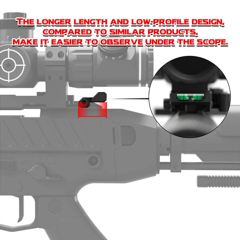 Low Profile Precision Picatinny Anti Cant Level Bubble Extended Version installed under rifle scope, easy read design.