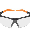 Front view of Low Profile Safety Glasses Narrow Lens Z87 1 Anti Fog Scratch Resistant 2 Pack with orange temples.