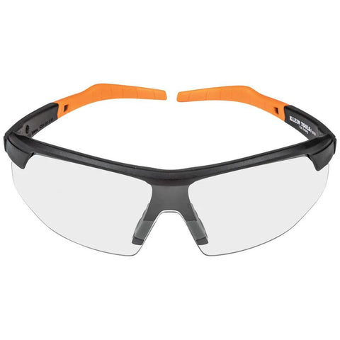 Front view of Low Profile Safety Glasses Narrow Lens Z87 1 Anti Fog Scratch Resistant 2 Pack with orange temples.