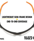 Front view of low profile safety glasses, narrow lens, Z87 1, anti-fog, scratch-resistant, 2-pack, lightweight semi-frame design.