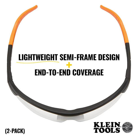 Front view of low profile safety glasses, narrow lens, Z87 1, anti-fog, scratch-resistant, 2-pack, lightweight semi-frame design.