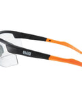 Low Profile Safety Glasses Narrow Lens Z87 1 Anti Fog Scratch Resistant 2 Pack, side view with orange arms