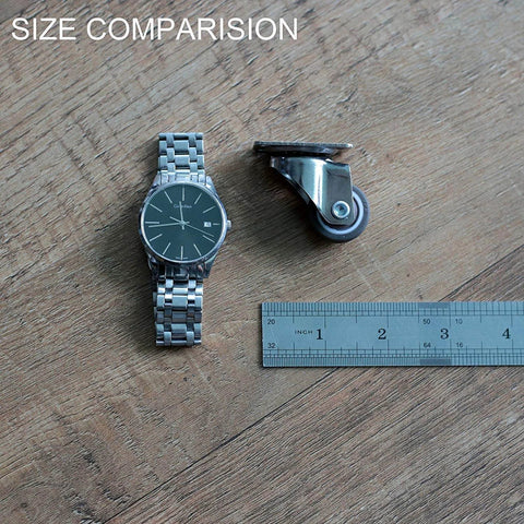 1 Inch Low Profile Swivel Caster Wheels 4 Pack size comparison with watch and ruler on wooden surface