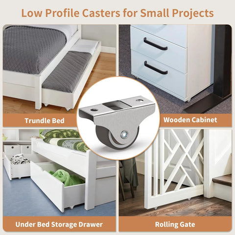 Low Profile 1 Inch Fixed Plate Casters Set Of 4 With Silent TPR Wheels and Steel Top Plate for under bed storage and cabinets.