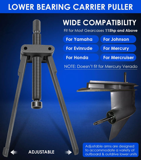 Lower Bearing Carrier Puller With Adjustable Arms For Outboard And Stern Drive Gearcases 115HP And Up, shown with gearcase.