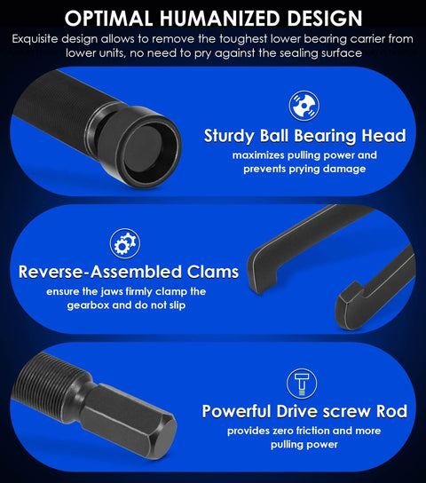 Lower Bearing Carrier Puller With Adjustable Arms For Outboard And Stern Drive Gearcases 115HP And Up featuring ball bearing head, reverse-assembled clamps, and drive screw rod details.