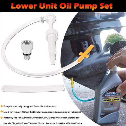 Lower Unit Gear Lube Fill Pump Set with Metric Adapter for Used with 32 oz Quart Bottles installed on outboard motor
