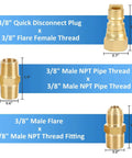 Six Piece 3/8 Inch LP Propane And Natural Gas Quick Connect Fittings Kit For Low Pressure Gas Systems detail view of fittings